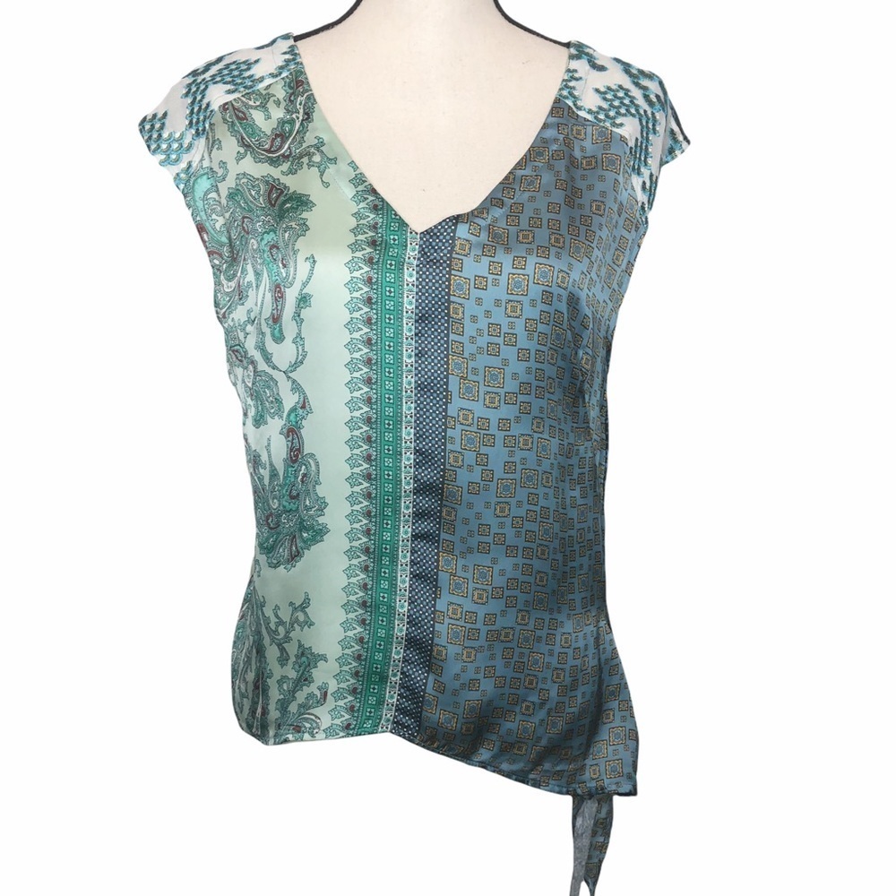 TINY Anthropologie Multi Scarf Print‎ V-Neck Hippie Boho Peasant Blouse Shirt